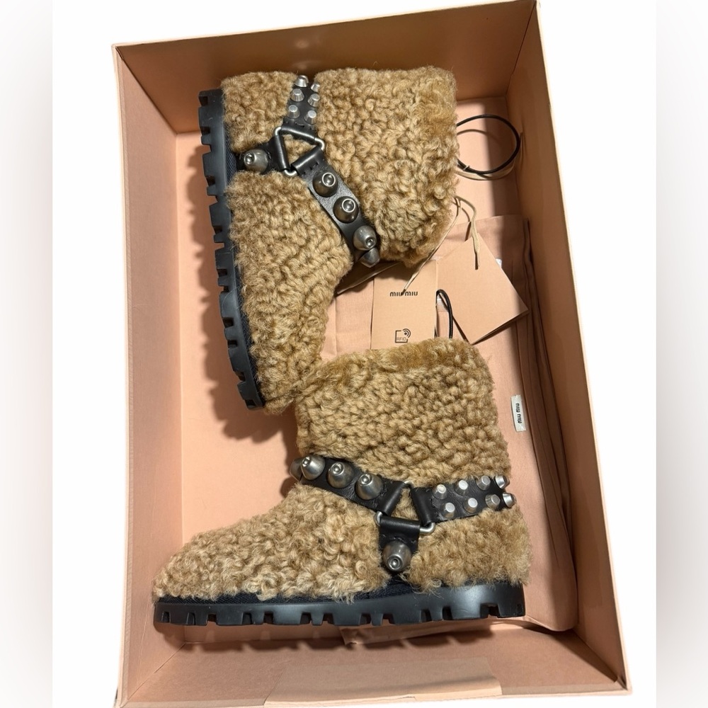 NEW Miu Miu Brown Shearling Fur Moon Boots EU 36 US 6 Designer Winter Snow $1790